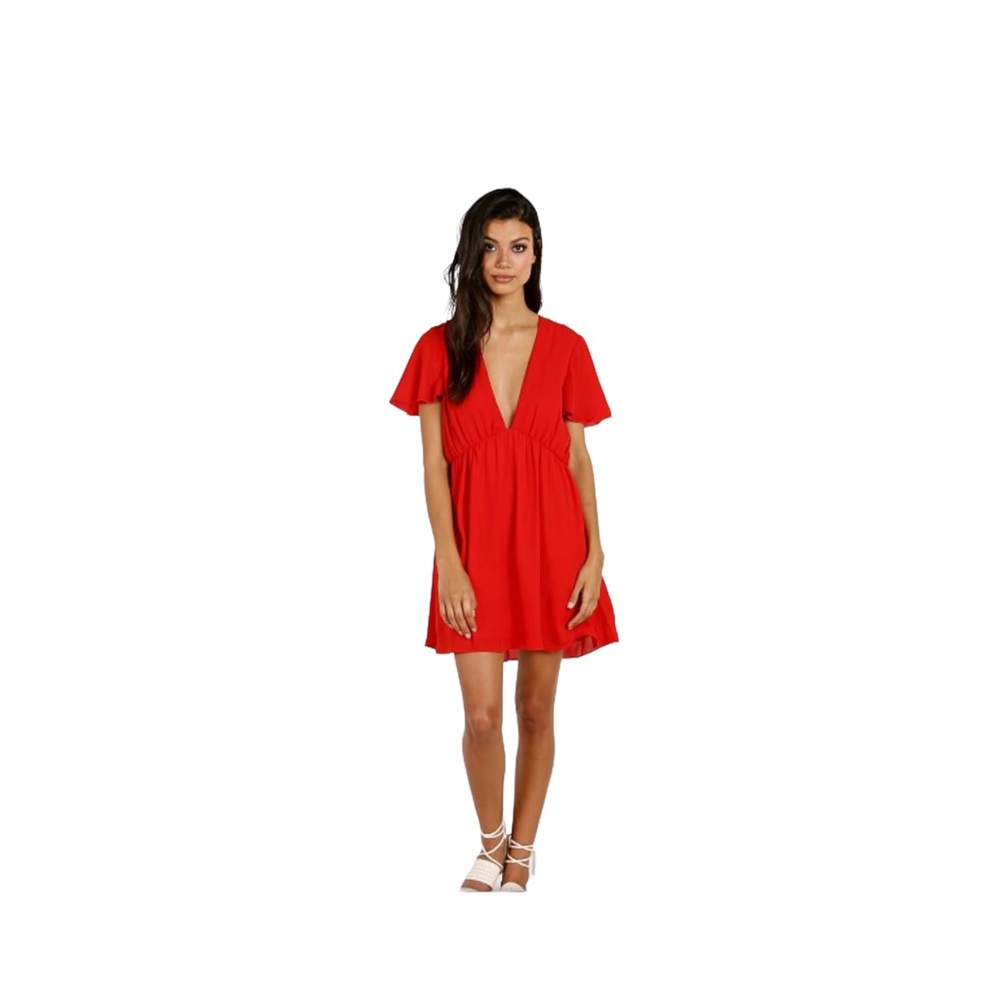 SHOW ME YOUR MUMU AUSTIN BRIGHT RED DEEP V PLUNGE MINI DRESS SIZE SMALL